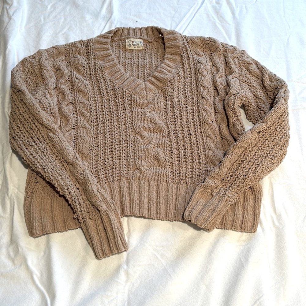 poof apparel tan knit cozy cropped sweater - JD